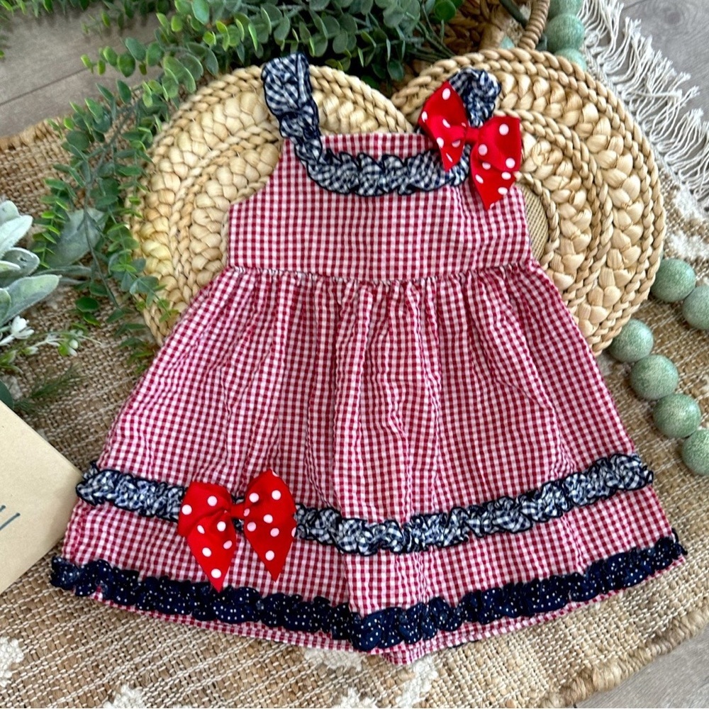 Bonnie Baby Girl’s 4th of July Gingham Dress Red White Blue Ruffle Patriotic